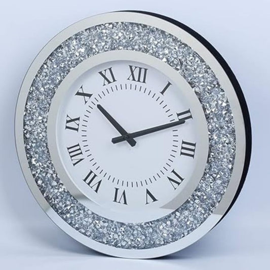 Silver Mirror Clock Crystal Sparkle Twinkle Bling Crush Diamond Mirrored