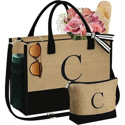 Embroidery Initial Canvas Tote Bag